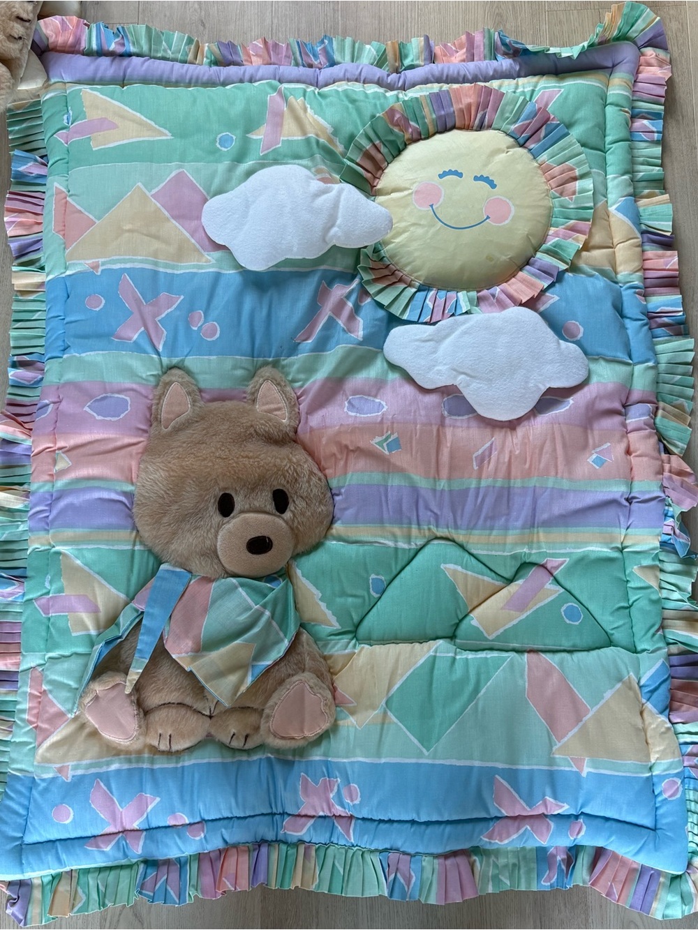 Vintage Pastel Teddy Baby Quilt with Sun & Cloud Appliqué
